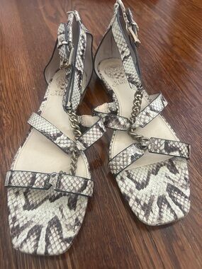 Vince Camuto Cream and Brown Snake-Print Slingback Sandals